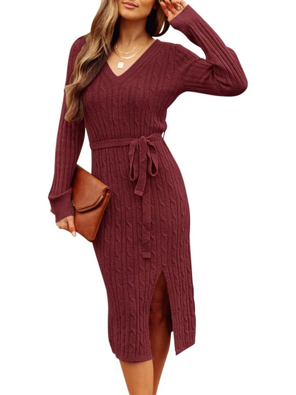 Cozy Long Sleeve V-Neck Cable Knit Midi Sweater Dress for Fall Fashion 2026